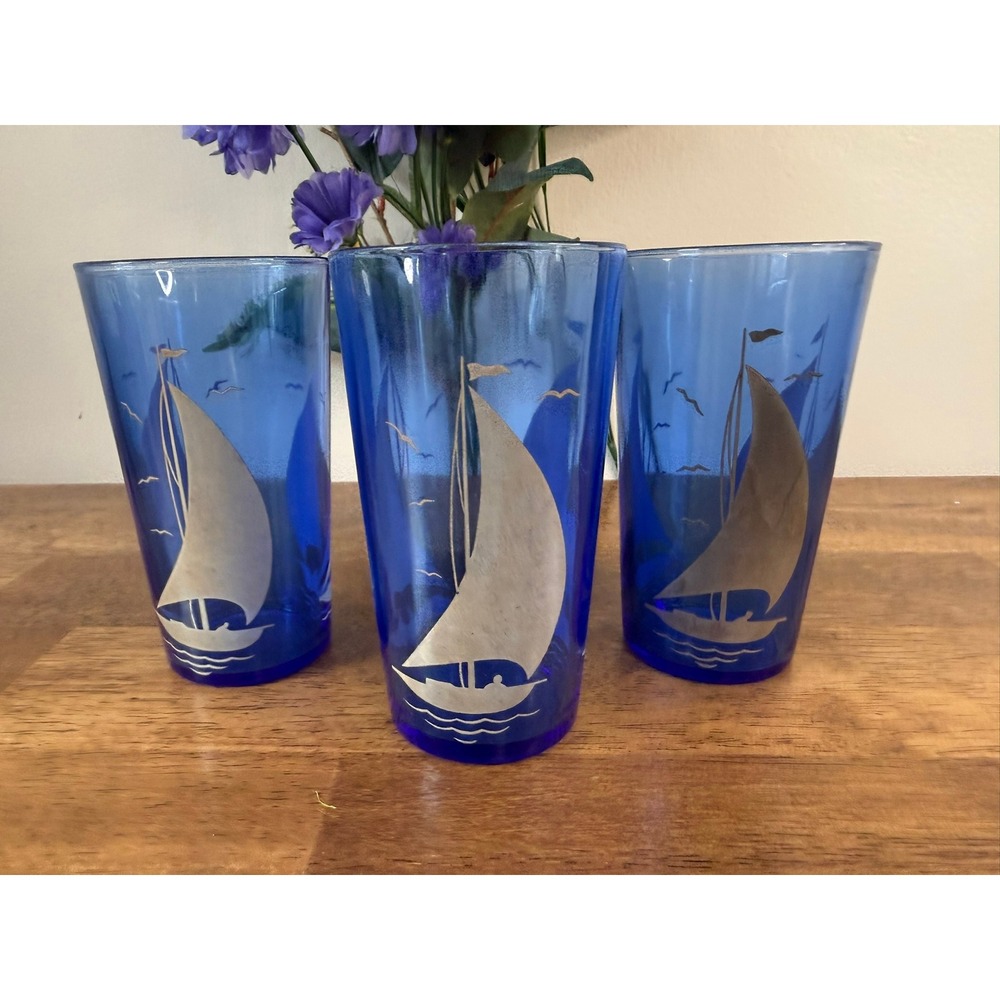 Hazel Atlas Ships Sailboat Cobalt Blue Tumblers Depression Glass Set Nautical